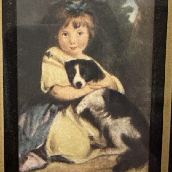 Antique Picture Young Girl With Blue Ribbon Sitting holding Dog Framed Print - Picture 6 of 11